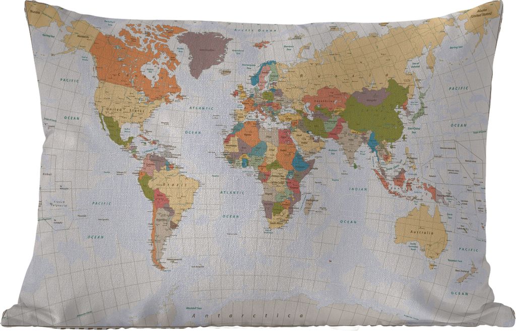MuchoWow Outdoor Kissen - Weltkarte - Retro - Farben - Pädagogisch - Statistisch - 50x30 cm - Wetterfest - Lounge Kissen - Sofa kissen - Wohnzim...