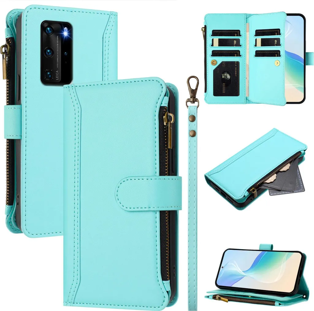 Custodia per Huawei P40 Pro, con cerniera, portafoglio in Finto cuoio con tasche per carte, supporto e passante per la mano verde menta