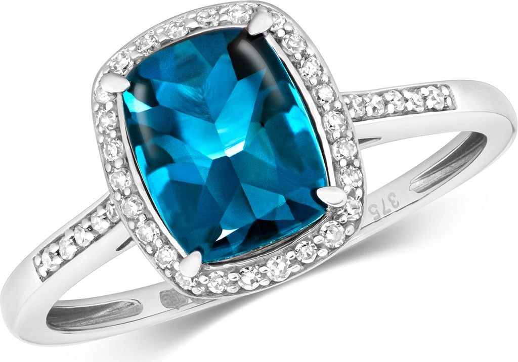 9 Karat (375) Weißgold Cluster Damen - Diamant Ring Brillant-Schliff 0.12 Karat mit London - Blautopas, 58 (18.5); TRS14851RSQ