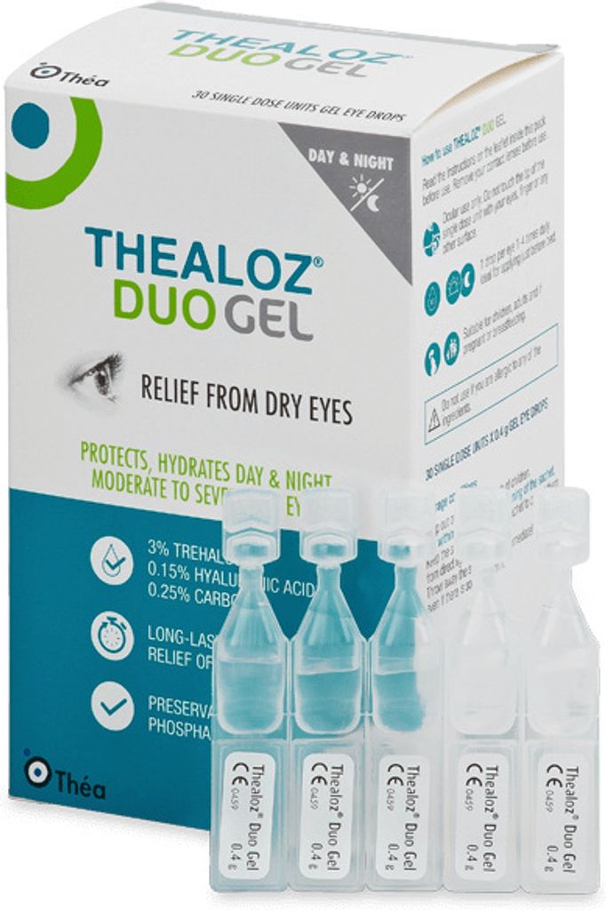 A box of Thealoz Duo Gel eye drops and several individual vials.