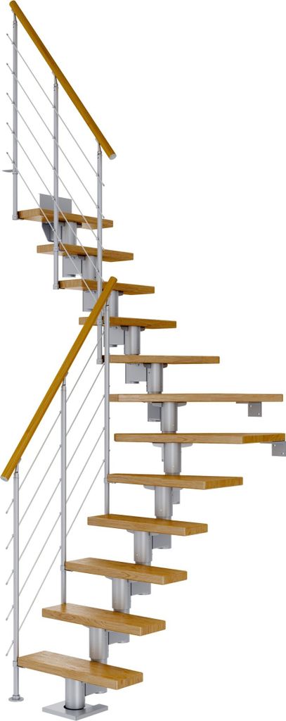 Dolle Mittelholmtreppe Dublin 1/4 gewendelt aus Eiche lackiert 71 cm breit für GH 222–270 cm UK Metall Perlgrau mitlaufende Edelstahlstäbe