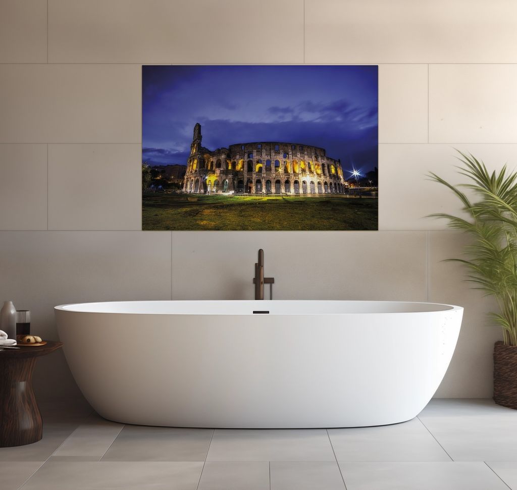 Wallario wasserfestes Poster selbstklebend 70 x 100 cm, Italien bei Nacht - Kollosseum in Rom, beleuchtet am Abend, Badezimmerposter Spritzschutz m...