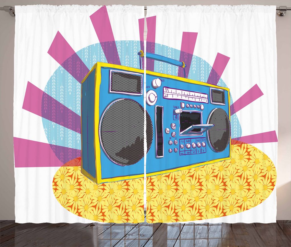 ABAKUHAUS Retro Rustikaler Vorhang, Boom Box-Pop-Art-Tanz, Wohnzimmer Universalband Gardinen mit Schlaufen und Haken, 280 x 175 cm, Mehrfarbig