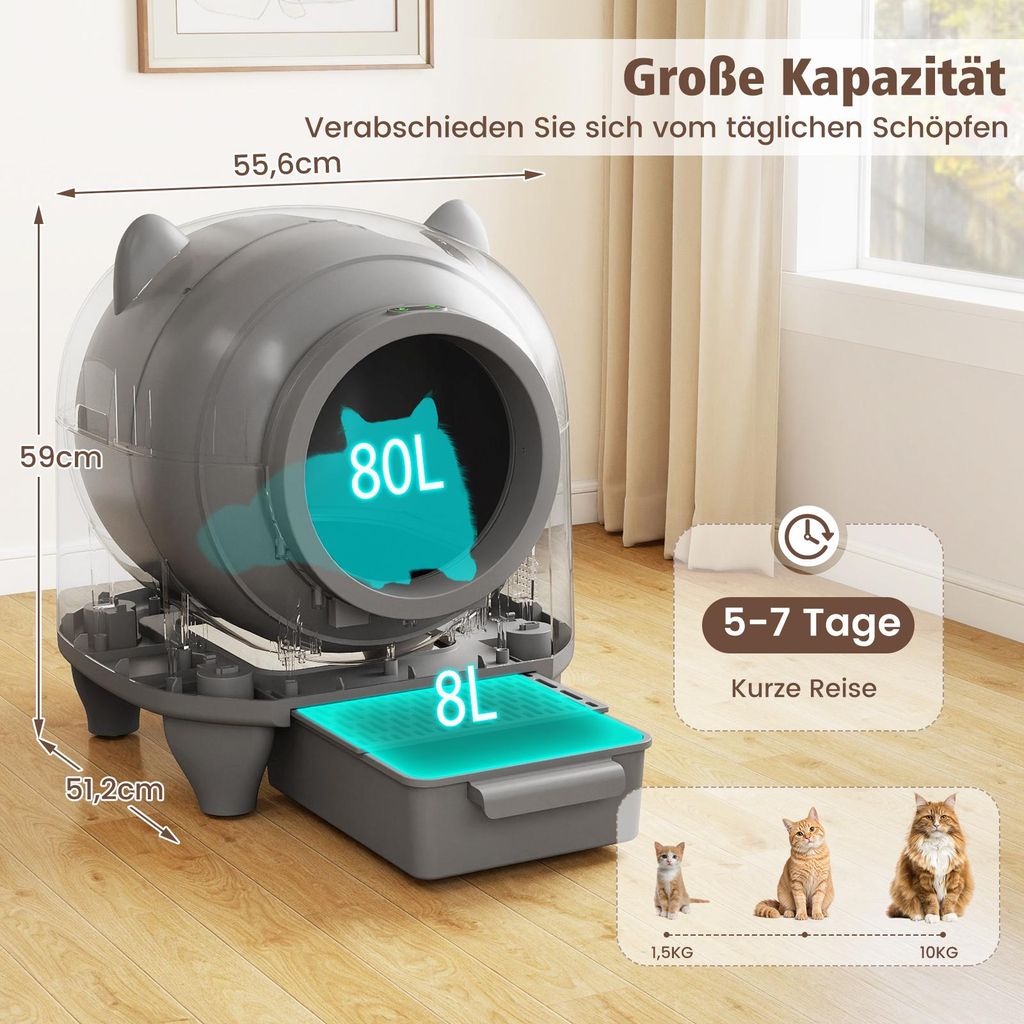 COSTWAY Selbstreinigende Katzentoilette, 80L, Katzenklo
