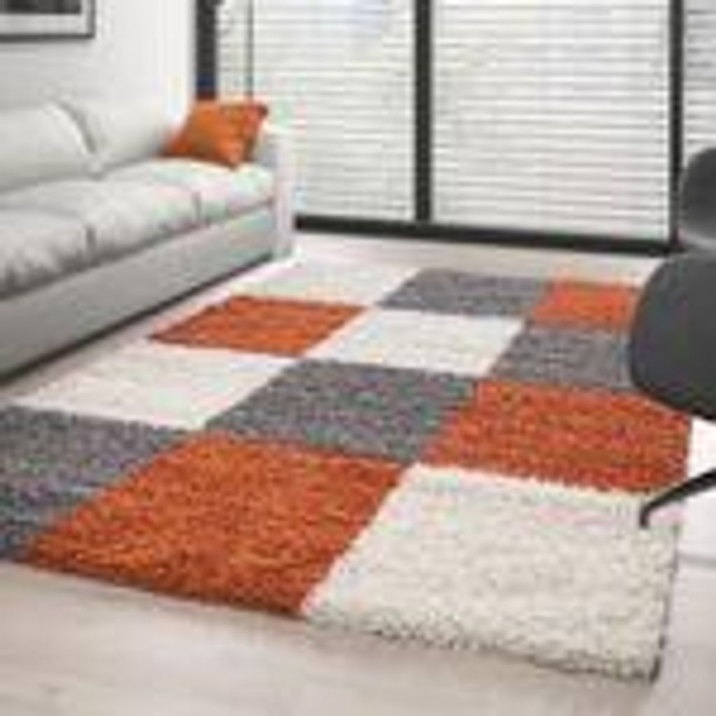 Teppich Wohnzimmer Hochflor Kariert Design Langflor Shaggy Produktbild 