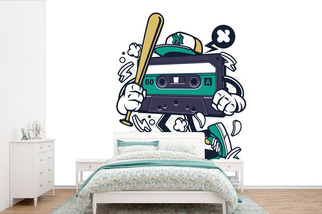 MuchoWow Fototapete für Wohnzimmer oder Schlafzimmer Wandtapete Vinyl Motivtapete Kassettenkassetten - Baseballschläger - Skateboard - Vintage ...