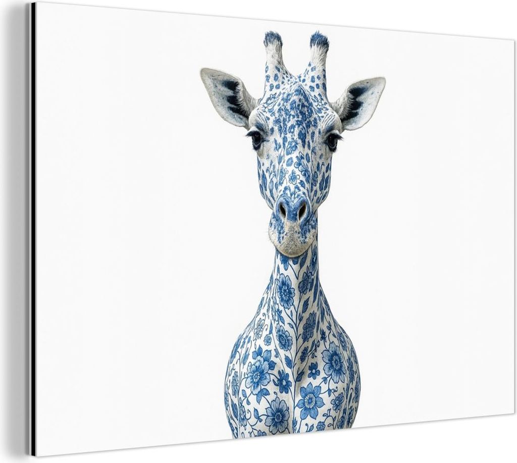 MuchoWow Wanddekoration Metall Metallbild Wandkunst 150x100 cm Giraffe - Delfter Blau - Tiere - Minimalistisch MuchoWow Aluminium Gemälde - Alu Di...
