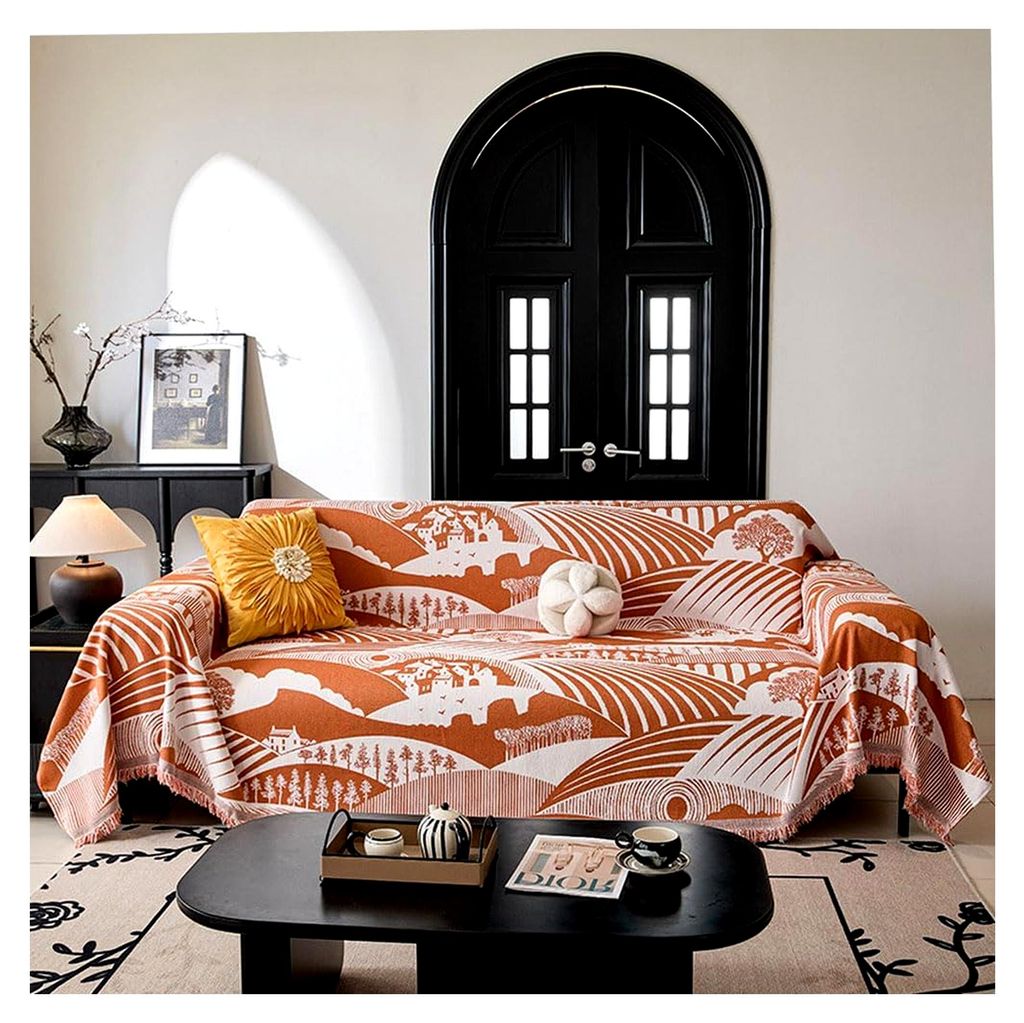 Sofadecke Chenille, Doppelseitig, Retro-Muster für 1 bis 4 Sitzer Sofas, Universeller rutschfester Couchbezug (Orange, 180x380cm)