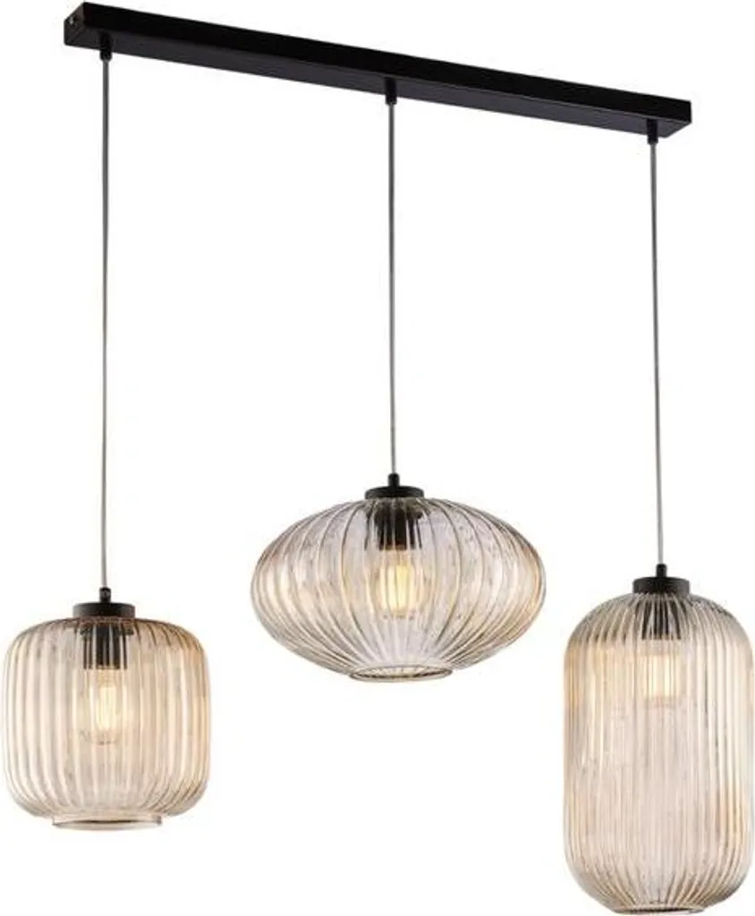 Suspension barre 3 lampes en verre ambré rayé et métal noir contemporain