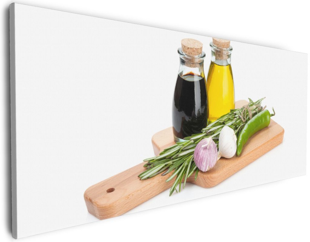 Wallario Premium Leinwandbild Gewürze, Kräuter und Öle auf einem Holz-Schneidebrett in Größe 50 x 125 cm