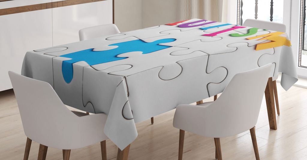 ABAKUHAUS Autismus Tischdecke, Inschrift auf Weiß Puzzle, Personalisierter Druck mit Klaren Farben Waschbar Wasserfest kein Verblassen, 140 x 240 ...