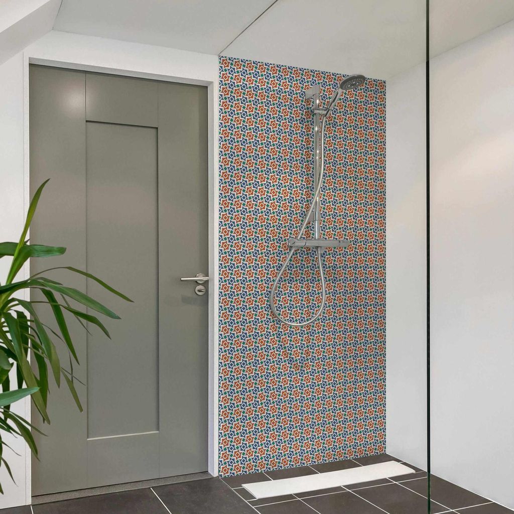Duschrückwand Muster selbstklebend - 0.61 mm Wandpaneel wasserfest Design rot Fliesenoptik Illustration Badrückwand fugenlos Premium matt 100x19...