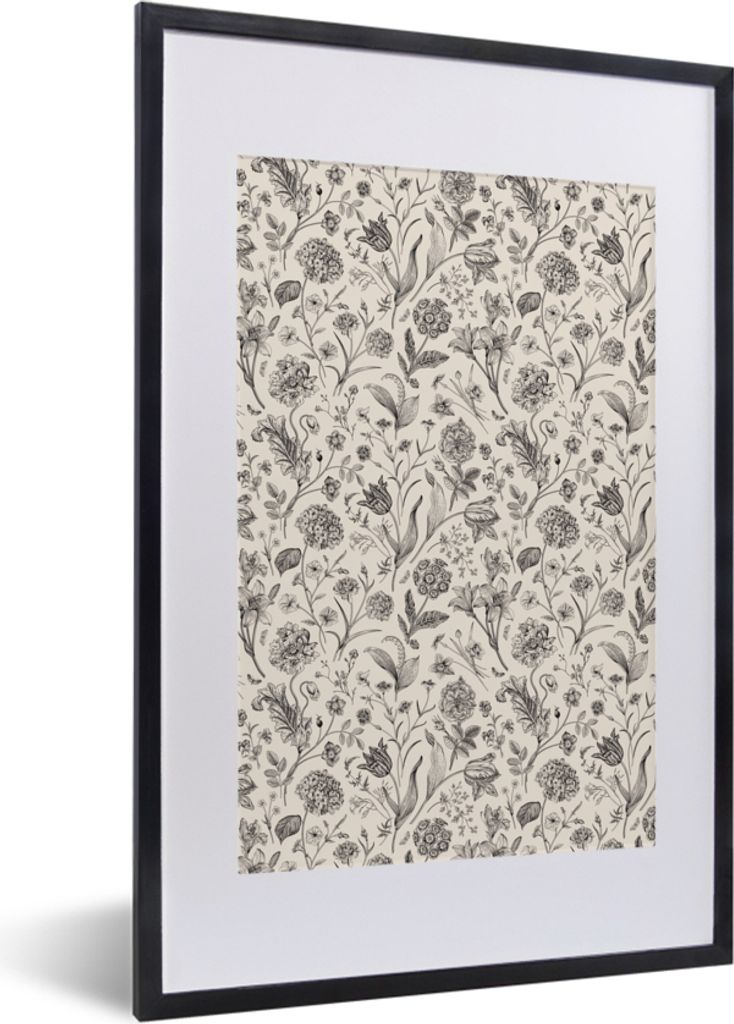 MuchoWow MuchoWow Gerahmtes Poster Blumen - Muster - Grau 40x60 cm - Poster mit zchwarzem Bilderrahmen - Poster in Rahmen