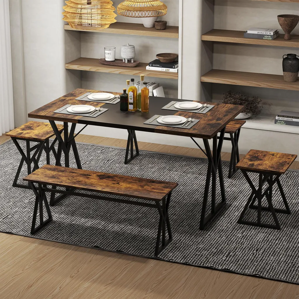 Ensemble Table à Manger Industrielle avec 2 Bancs et 2 Chaises Set de 5 - 8