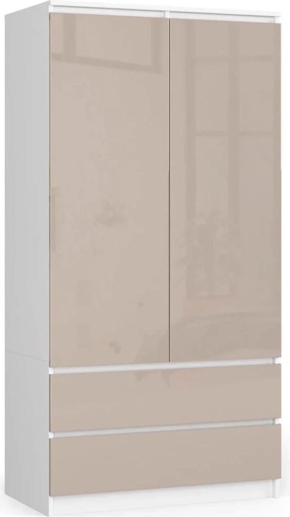 Kleiderschrank mit Schubladen, 90 cm, LOTA – Weiß/Cappuccino glänzend