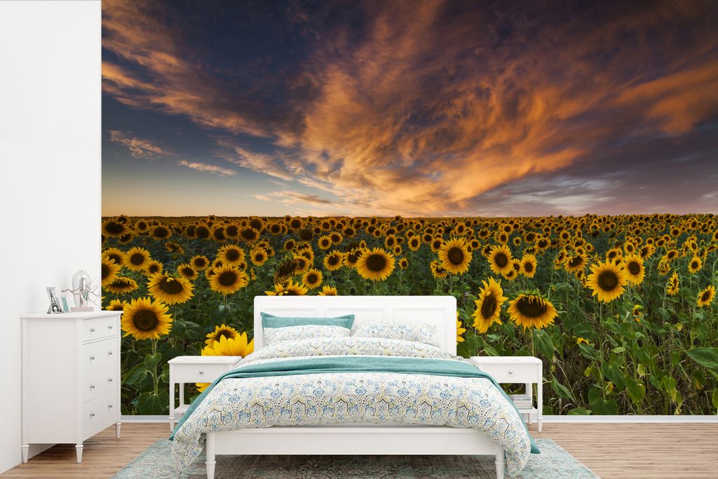 MuchoWow Fototapete für Wohnzimmer oder Schlafzimmer Wandtapete Vinyl Motivtapete Sonnenblume - Himmel - Abenddämmerung - 360x240 cm - Vinyl-Ta...