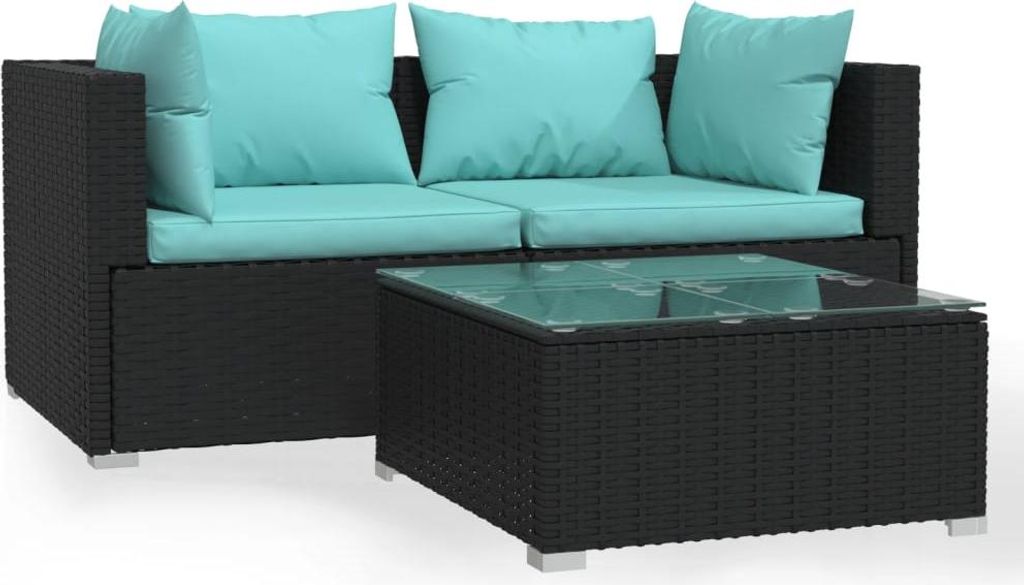 vidaXL 3-tlg. Garten-Lounge-Set mit Kissen Schwarz Poly Rattan