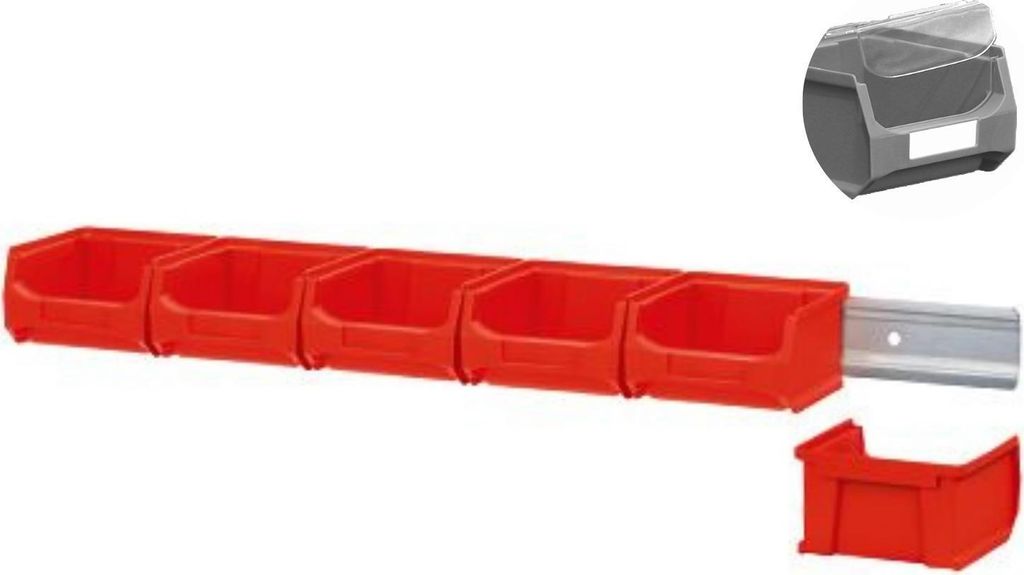 Wandleiste mit 6x Rote Sichtlagerbox 1.0 mit Abdeckung | HxBxT 6,1x60,5x10cm | Wandhalterung, Kleinteileaufbewahrung, Sortimentsboxhalterung
