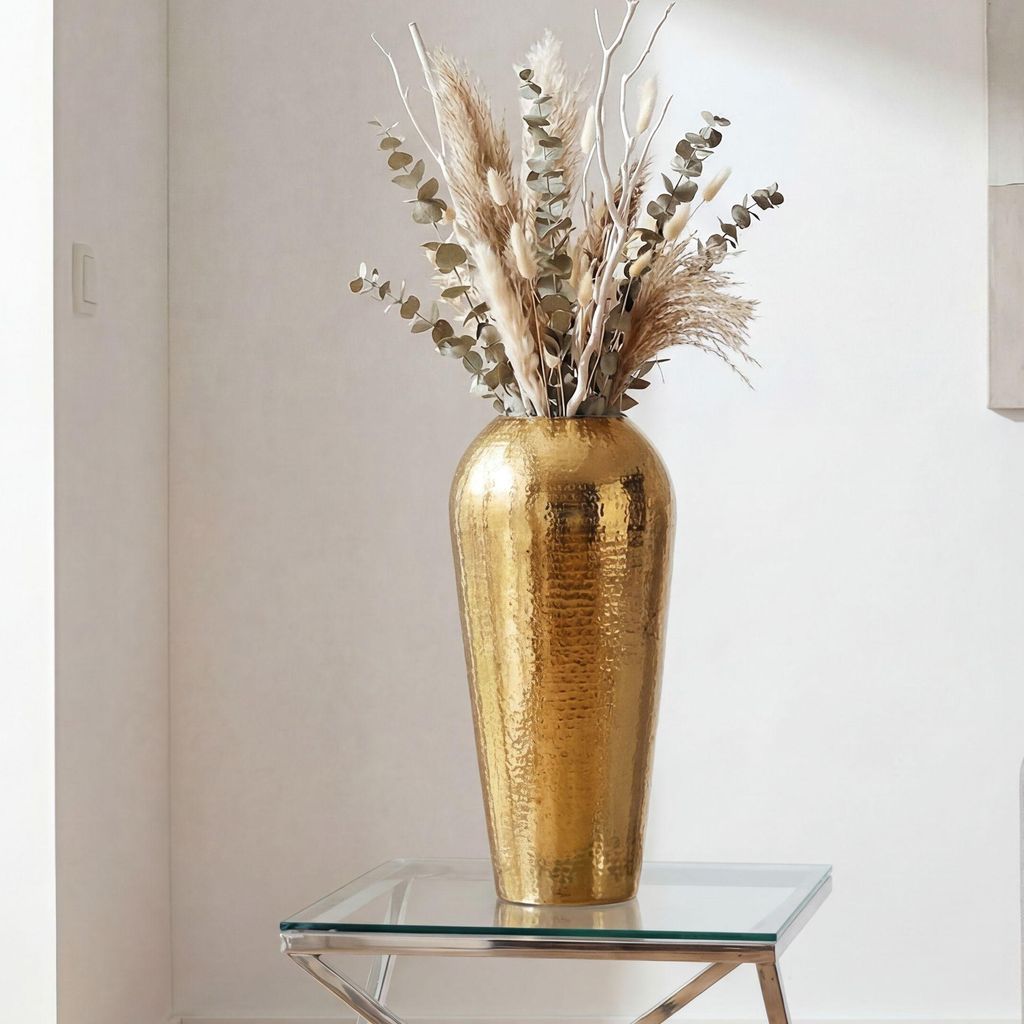 WOHNLING Dekovase Aluminium 50cm Gold Standvase groß Bodenvase rund modern Vase Metall für Blumen Design Wohnzimmer Deko - Wohndeko Handmade