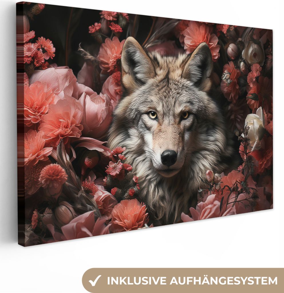 MuchoWow - Leinwandbilder - Wolf - Tier - Floral - Botanisch - Natur - Fantasie, Wandbild, Wanddeko Bilder Wohnzimmer, 90x60 cm
