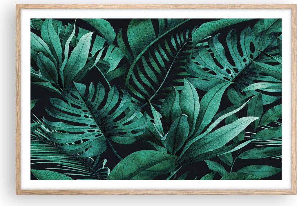 Gerahmtes Poster - Rahmen in heller Eiche - Blätter Grafiken Monstera - 91,5x61 cm - Wand Bild - Wanddeko - Wandbilder - Kunstposter - Wandposter ...
