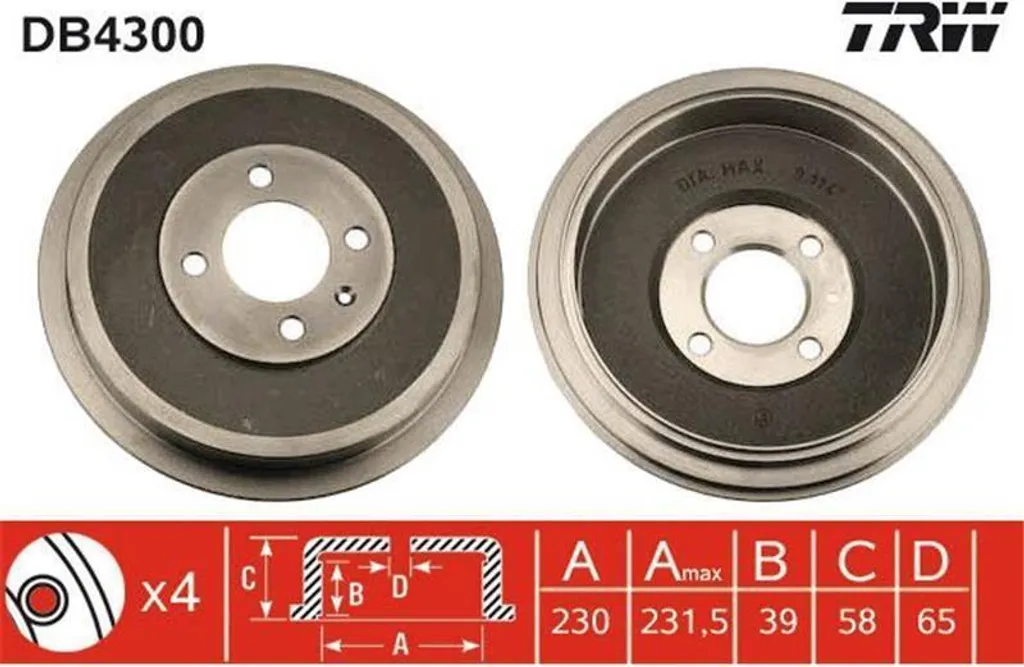 Tambour de Frein Haute Résistance TRW DB4300 Essieu Arrière x2 Unités