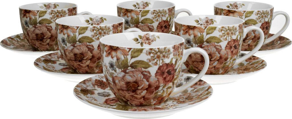 DUO FLORAL 6er-Set Tassen 220 ml PASTEL FLOWERS mit Untertassen, New Bone China Porzellan