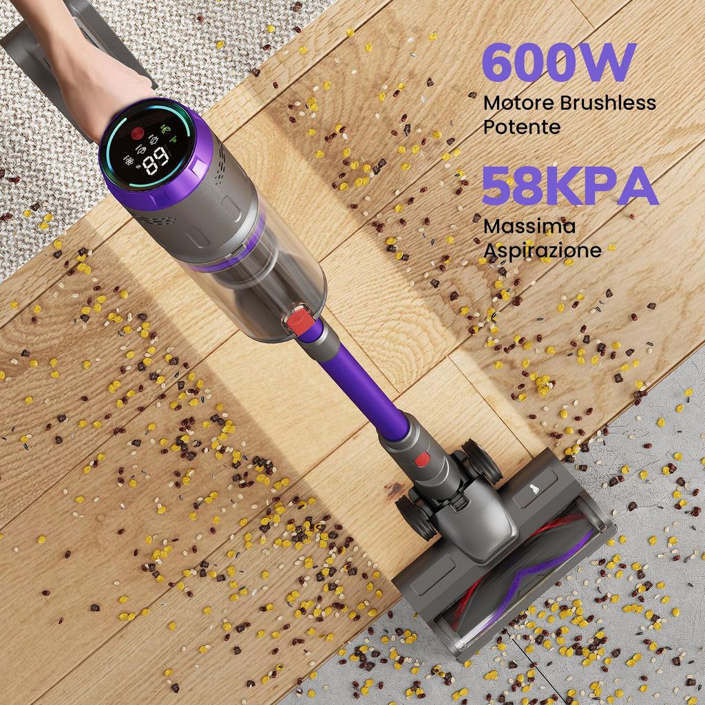 Aspirapolvere senza fili con 2 batterie da 3,0 Ah, 15000 Pa potente aspirazione, spazzola rotante con luce LED, batteria rimovibile da 21 V, durata fino a 65 minuti