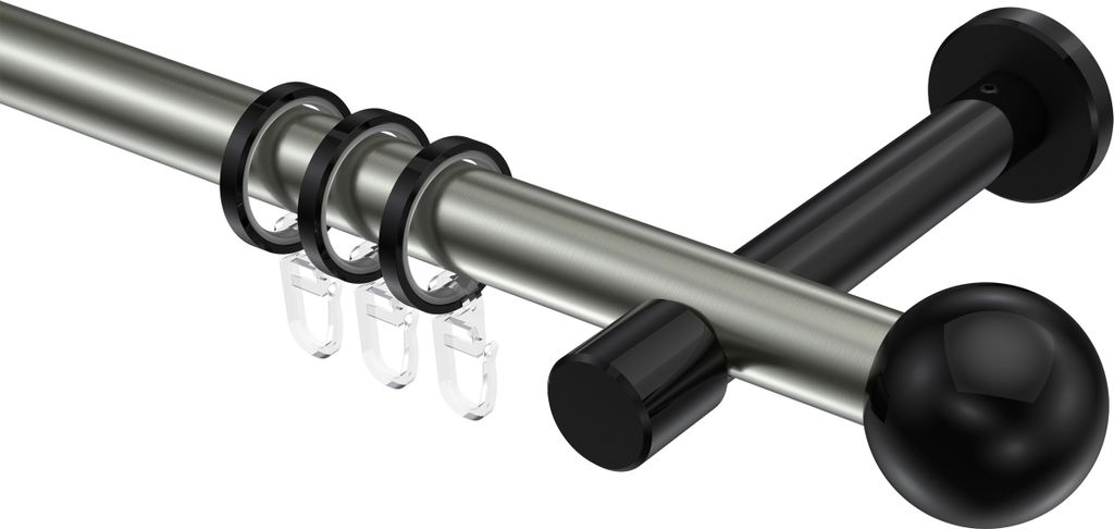 Interdeco Gardinenstange / Vorhangstange Edelstahl-Optik / Schwarz, Typ Prestige Luino (Kugel), 20 mm Ø 1-läufig, 600 cm