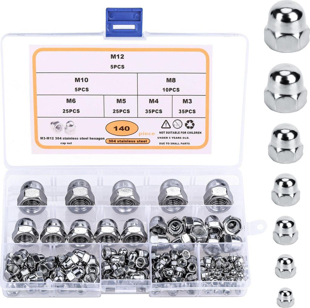 Belle Vous Eichelmuttern Sechskant-Hutmuttern Edelstahl (140 Stk) - M3, M4, M5, M6, M8, M10 & Hutmuttern M12 Edelstahl Set - Fahrrad Hutmutter mit