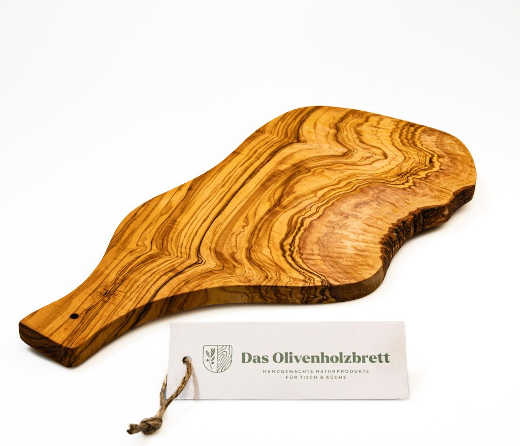 Servierbrett aus Olivenholz im Naturschnitt mit Griff 50 cm