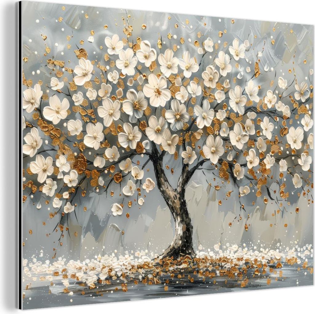 MuchoWow Wanddekoration Metall Metallbild Wandkunst 40x30 cm Baum - Gold - Blumen - Abstrakt - Kunst MuchoWow Aluminium Gemälde - Dekoration Wohnz...