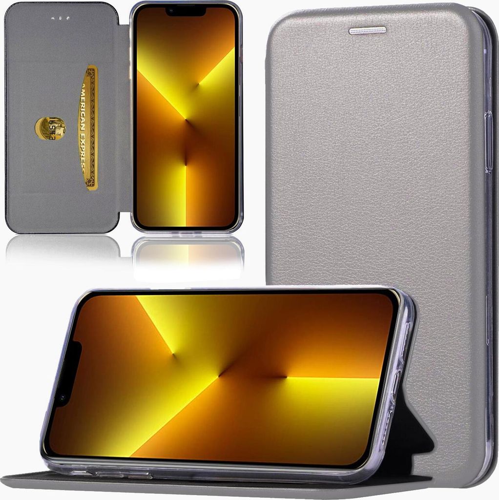 Handy Schutz Hülle für Apple iPhone 13 mini Handytasche mit Magnetdeckel Kartenfach und Standfunktion Klapphülle Grau