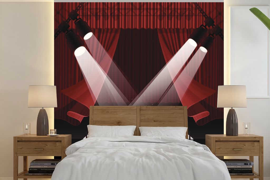 MuchoWow Fototapete für Wohnzimmer oder Schlafzimmer Wandtapete Vinyl Motivtapete Eine Illustration von Scheinwerfern auf dem roten Teppich in H...