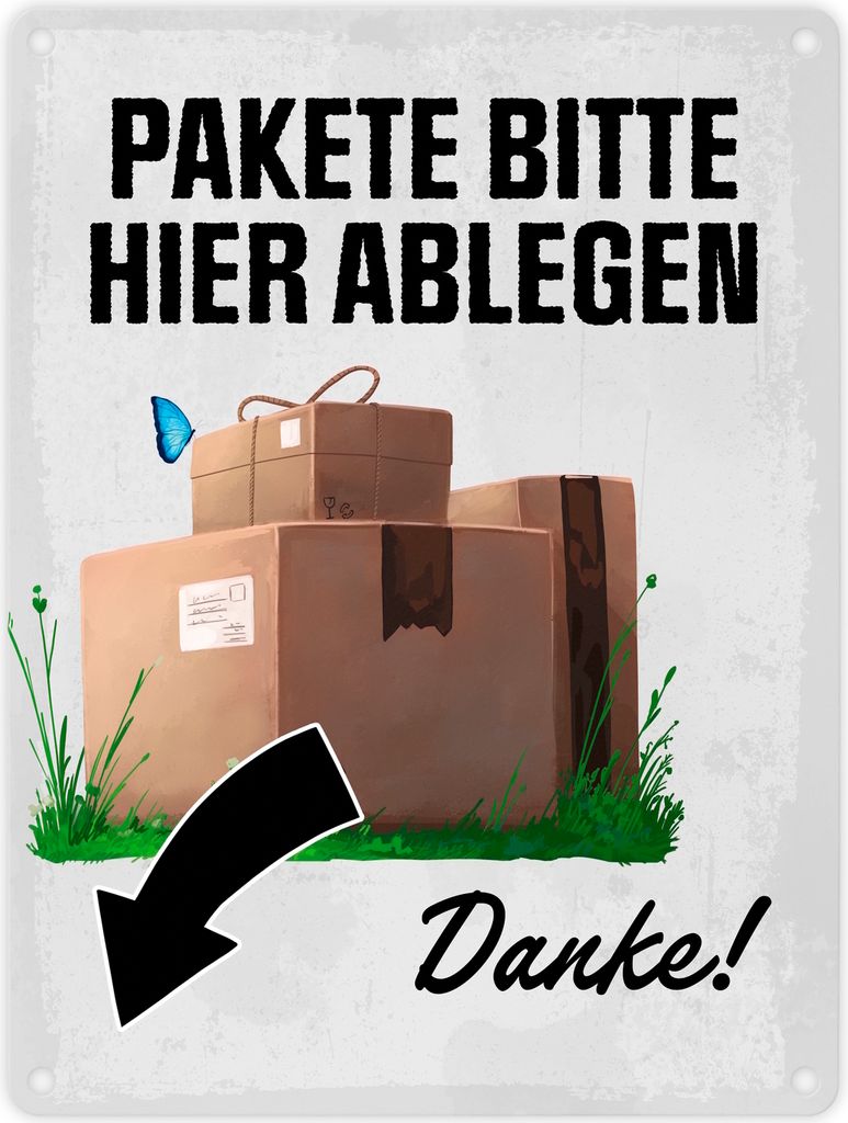 Pakete bitte hier ablegen, Danke! Metallschild in 15x20 cm - Pfeil links