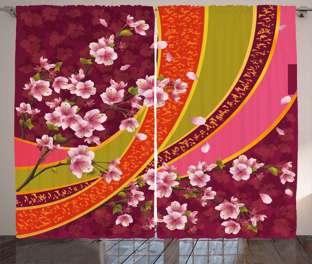 ABAKUHAUS Blume Rustikaler Gardine, Sakura Blossom Japanese, Schlafzimmer Kräuselband Vorhang mit Schlaufen und Haken, 280 x 175 cm, Blassrosa orange