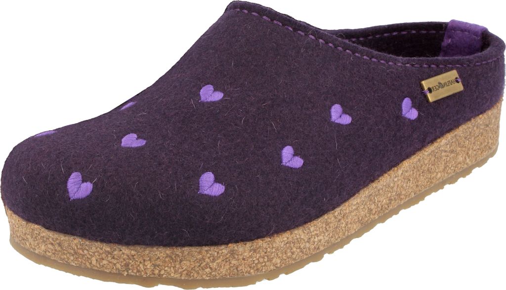 Haflinger Damen Pantoffel Schurwolle Herz Stickerei Grizzly Cuoricini 741031, Größe:41 EU, Farbe:Lila