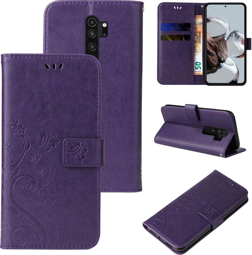 Handyhülle für Xiaomi Redmi Note 8 Pro Floral Blumen Schmetterling Flip Cover Hülle Case Klapphülle Handytasche Farbe: Violett
