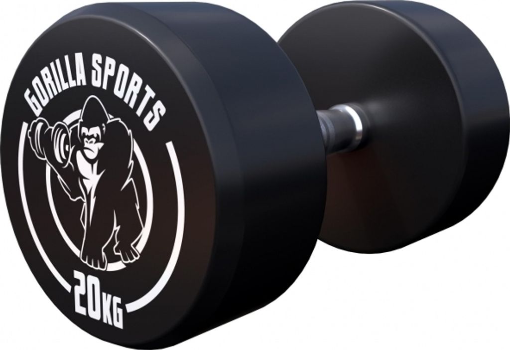 A black dumbbell with white branding and weight marking on a white background.