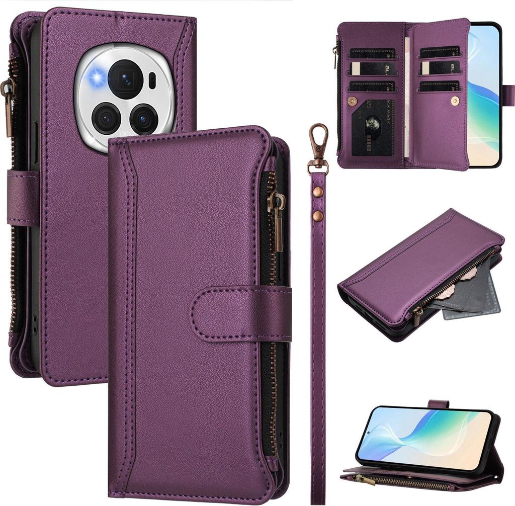 Handyhülle für Honor Magic6 Pro Reißverschluss Geldbörse Kunstleder Klapphülle mit Kartensteckplatz, Ständer, Handschlaufe Lila