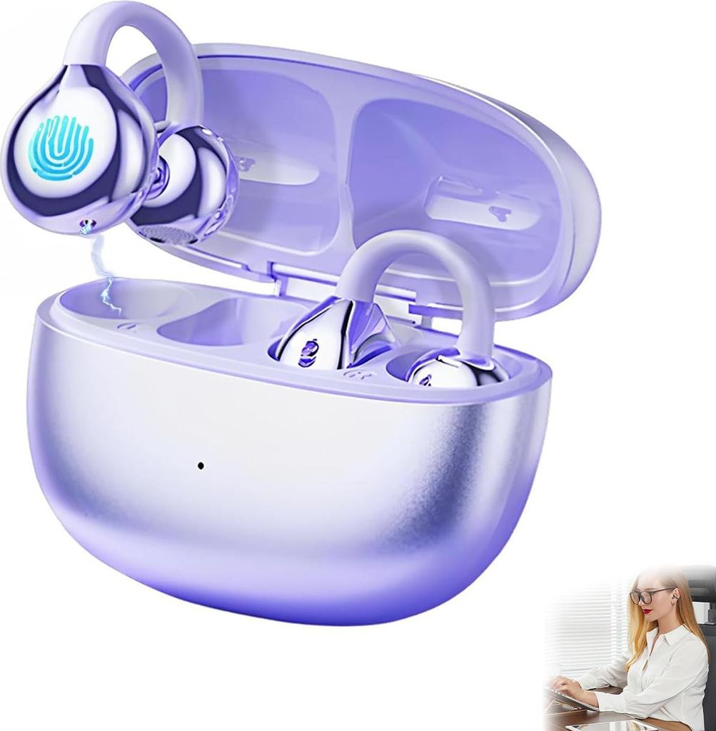 Luftleitungs-Kopfhörer mit KI-Übersetzer | Offene Ohrclips, Bluetooth 5.4, 50 Std Akku, Noise Cancelling, IPX4 – Violett