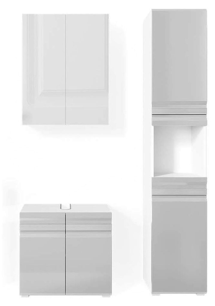 Badmöbel-Set Fredd, Weiß Hochglanz, 56 cm, bestehend aus Waschbeckenunterschrank, Spiegelschrank und Hochschrank