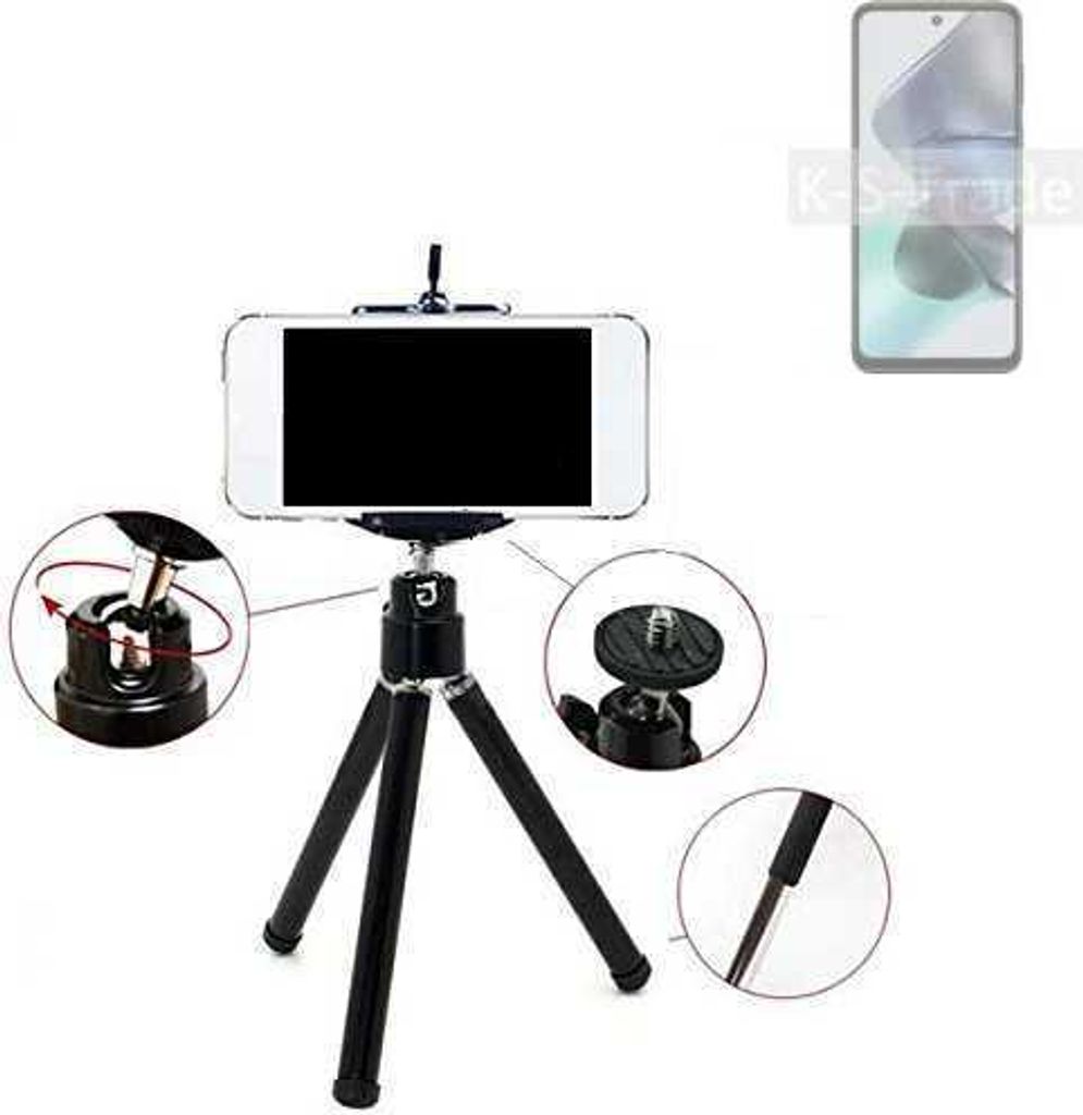 K-S-Trade Smartphone Stativ Dreibein kompatibel mit Motorola Moto G23 Tripod aus Aluminium Klemmstativ Stativ Adapter für Mobiltelefone schwarz 1x