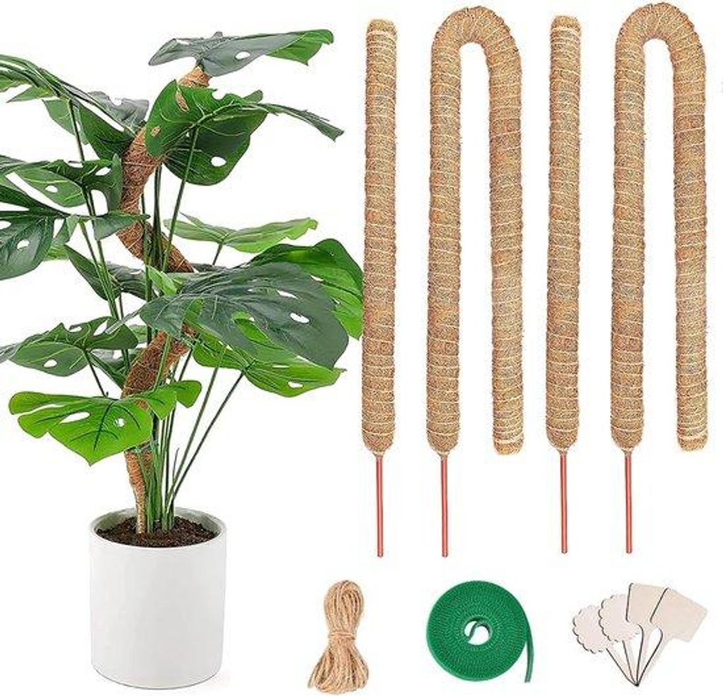 4er-Pack Monstera-Kletterhilfe – 2 Stück à 60 cm und 2 Stück à 120 cm Pflanzenstangen aus Kokosfaser mit 1* Klebebändern, 1* Seil und 10 Las...