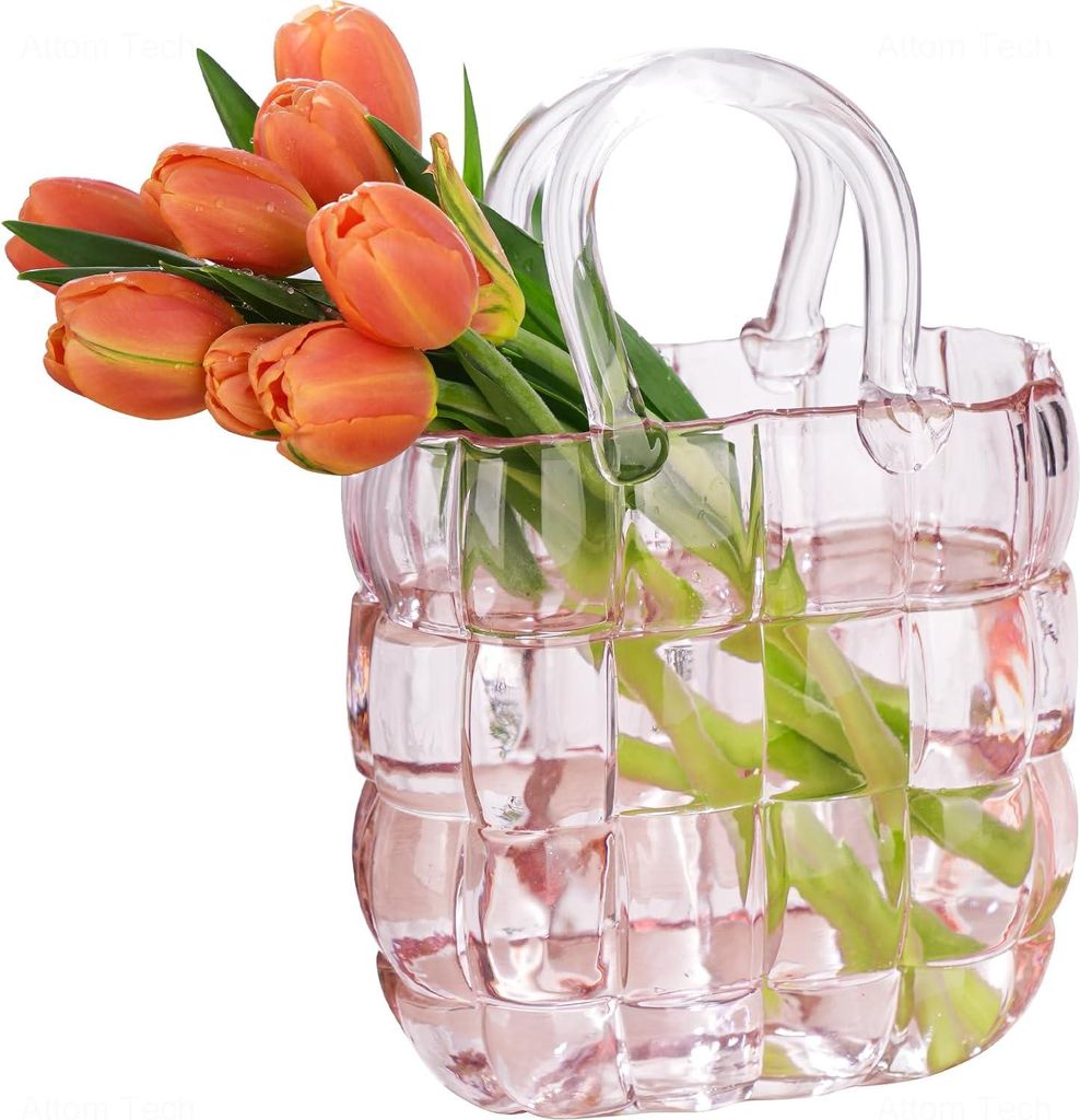 NiHome Glazen Handtas Vaas, Roze Glazen Tas Vaas mit Handvat, Handtasvormige Vaas für Blumen, Boerderijdecoratie, Handgemaakte Glazen Vaas mit Bre...