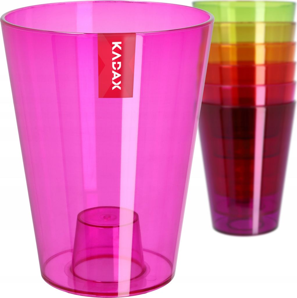 A pink KADAX flower pot with a stack of colorful flower pots in the background.