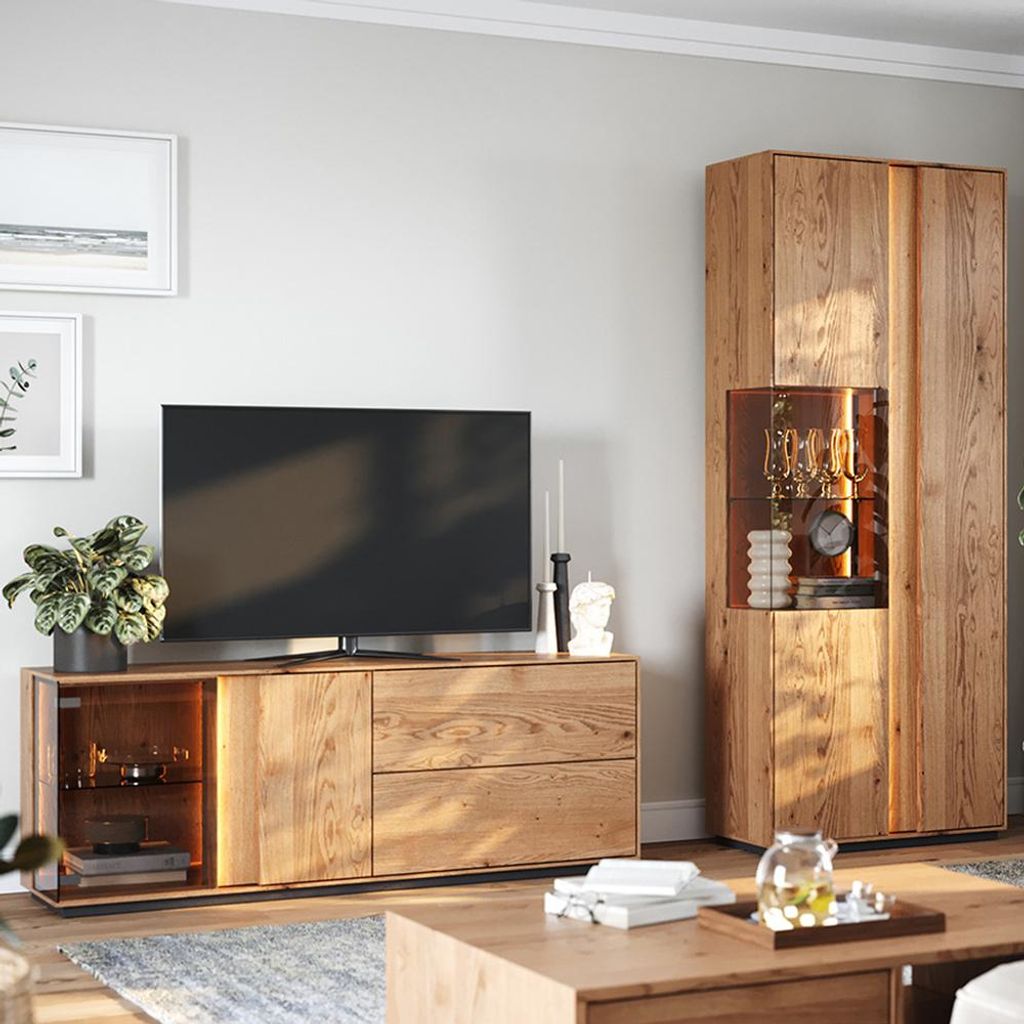 Wohnwand in Eiche massiv geölt mit Lowboard & Vitrine, inkl. LED-Beleuchtung, 2-teilig - CARISOLO-163