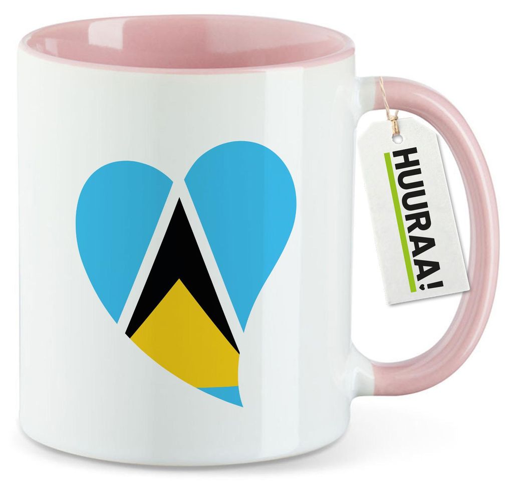 Huuraa Kaffeetasse St. Lucia Flagge Herz 330ml Rosa Keramik Kaffeebecher Geschenkidee