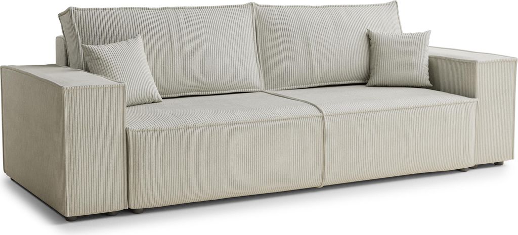 Schlafsofa Livia Interiors Milos 255x105 cm, Sofa mit Schlaffunktion und Bettkasten, 3-Personen Sofa, Sofabett, Samtstoff Poso, Creme Farbe