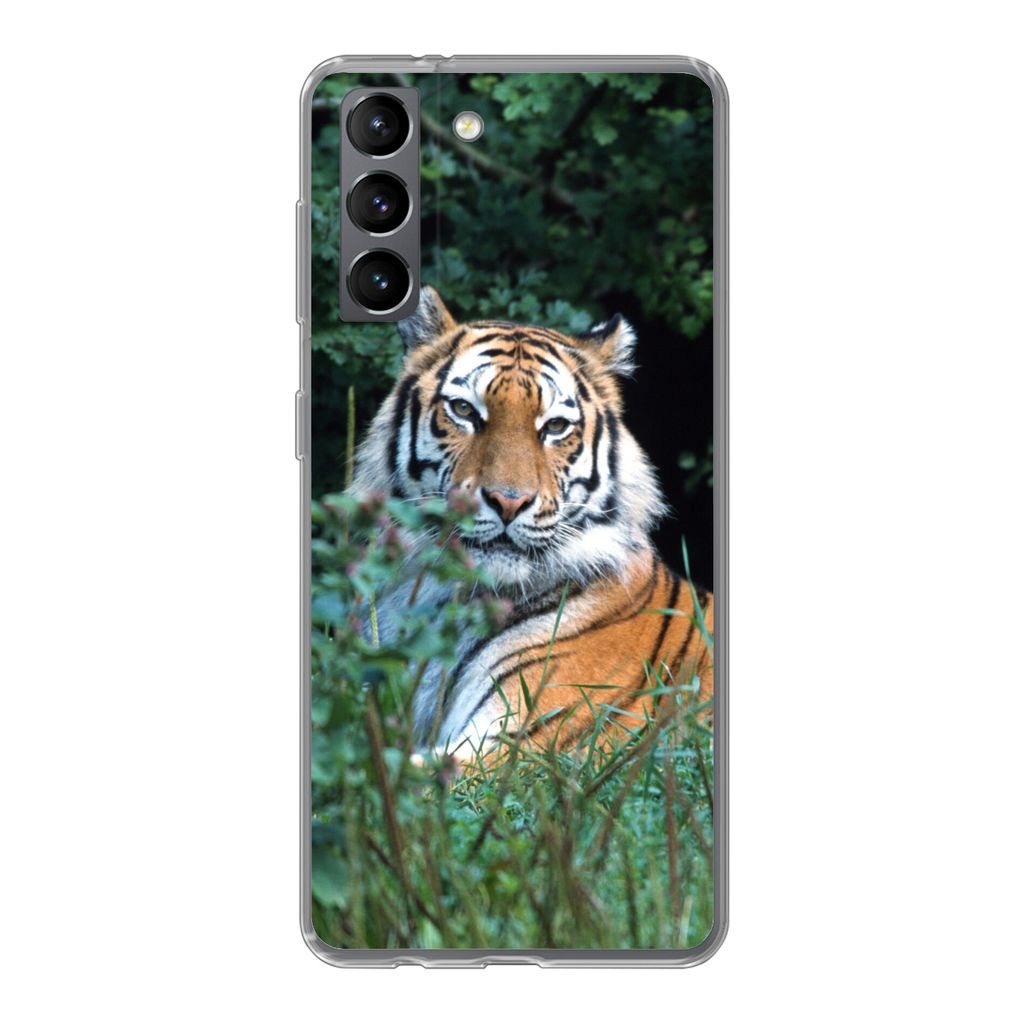 MuchoWow Handyhülle Schutzhülle Hülle für Samsung Galaxy S21 Tiger - Gras - Grün Silikon Softcase Handy Hülle - Softcase